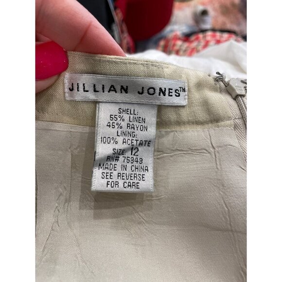 Jillian Jones Tan Linen Blend Lined Flat Front Floral Cropped Pants Sz 12 - Picture 6 of 9